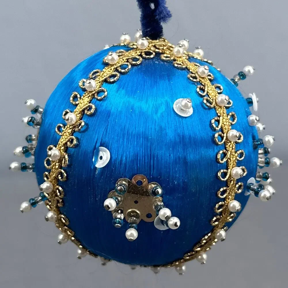 4 VTG Handmade Push Pin Satin Ball Ornament Bead Sequin Christmas ribbon Kitschy